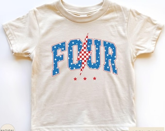 Four Birthday Shirt, 4th of July Birthday Toddler Tshirt, Patriotic Bday Theme 4 Year Old July Birthday Gift, Red White and Blue Toddler Tee