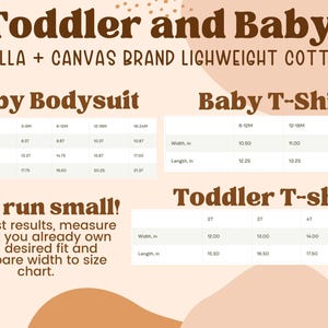 May include: A size chart for baby and toddler clothing, including bodysuits and t-shirts. The chart provides measurements in inches for width, front length, and back length, as well as length for the t-shirts. The text "May run small!" is also included.