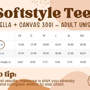 May include: A size chart for Bella + Canvas 3001 adult unisex t-shirts. The chart shows measurements in inches for width, length, and sleeve length for sizes XS through 3XL.