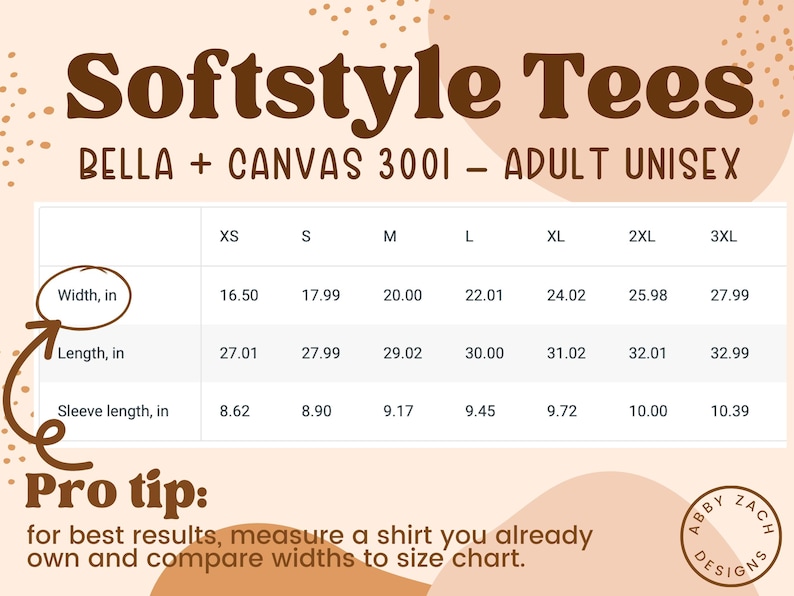 May include: A size chart for Bella + Canvas 3001 adult unisex t-shirts. The chart shows measurements in inches for width, length, and sleeve length for sizes XS through 3XL.