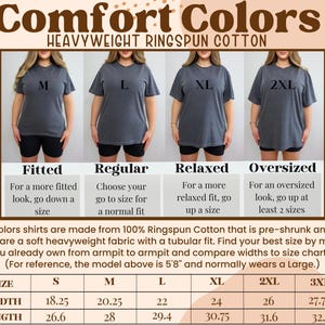 K&ouml;nnte beinhalten: Bild zeigt Comfort Colors T-Shirts in den Gr&ouml;&szlig;en M, L, XL und 2XL. Die Shirts werden an Models pr&auml;sentiert, mit Gr&ouml;&szlig;enempfehlungen: Fitted, Regular, Relaxed und Oversized. Das Bild enth&auml;lt eine Gr&ouml;&szlig;entabelle.