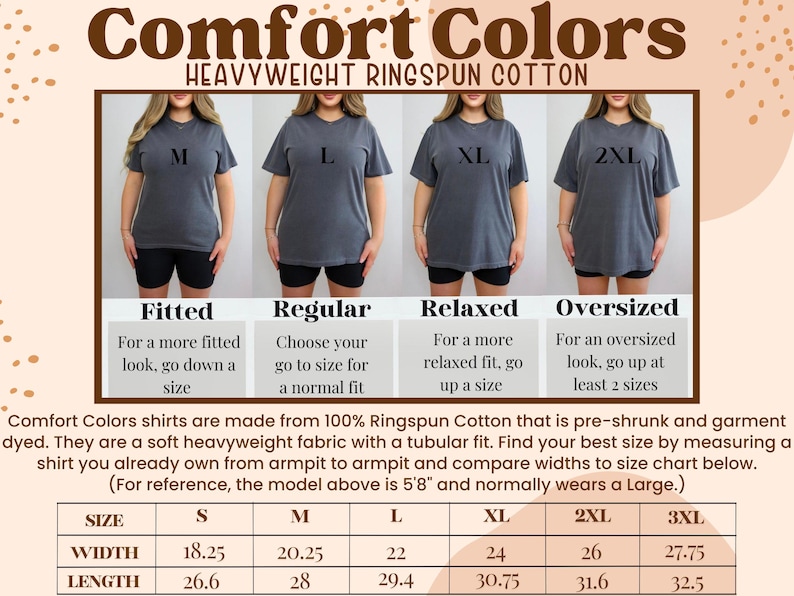 K&ouml;nnte beinhalten: Bild zeigt Comfort Colors T-Shirts in den Gr&ouml;&szlig;en M, L, XL und 2XL. Die Shirts werden an Models pr&auml;sentiert, mit Gr&ouml;&szlig;enempfehlungen: Fitted, Regular, Relaxed und Oversized. Das Bild enth&auml;lt eine Gr&ouml;&szlig;entabelle.
