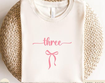 Girly 3rd Birthday Shirt, Minimalist 3rd Bday Shirt, Three Coquette Bow Bday Tshirt, Gift for 3 Year Old, Preppy Bow Birthday Girl