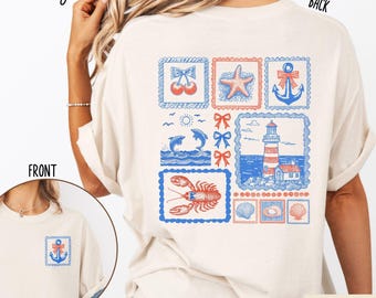 Coastal Preppy Beach Shirt, Patriotic Nautical Patchwork Vacation Shirt, Ocean Bow Shirt