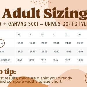 Peut inclure: Un tableau des tailles pour les t-shirts unisexes Bella + Canvas 3001 softstyle, indiquant les mesures en pouces pour la largeur, la longueur et la longueur des manches pour les tailles XS &agrave; 3XL.