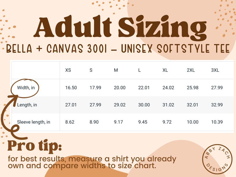 Peut inclure: Un tableau des tailles pour les t-shirts unisexes Bella + Canvas 3001 softstyle, indiquant les mesures en pouces pour la largeur, la longueur et la longueur des manches pour les tailles XS &agrave; 3XL.