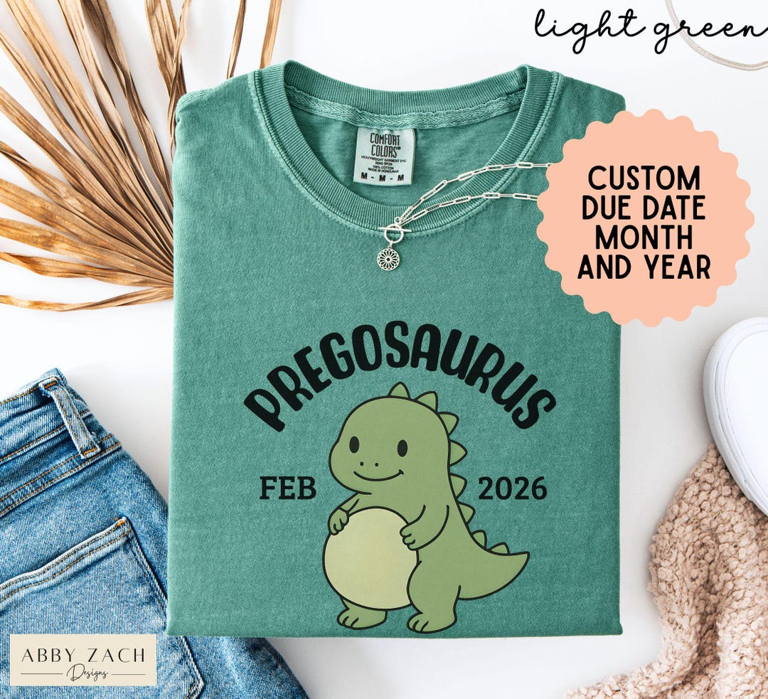 Comfort Colors® Pregosaurus Pregnancy Shirt with Custom Due Date, Baby Announcement Shirt,