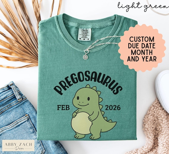 Comfort Colors® Pregosaurus Pregnancy Shirt with Custom Due Date, Baby Announcement Shirt, Funny Pregnant Tshirt, Cute Maternity Dino Gift