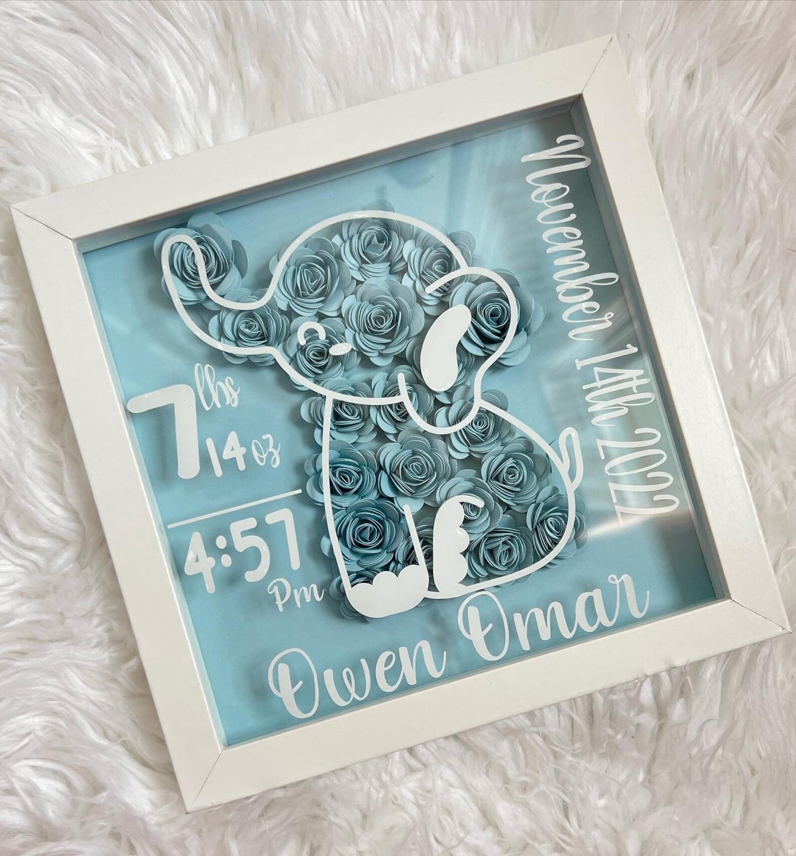 Baby Stats Paper Flower Shadow Box Newborn Gift Elephant Etsy