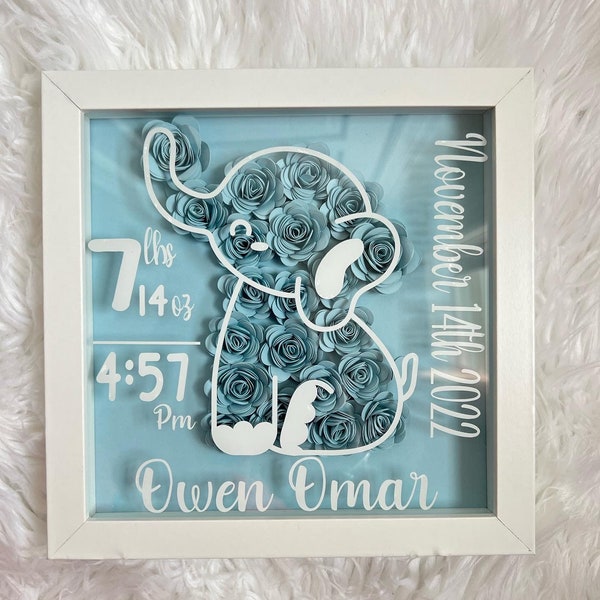 Boîte d'ombre à fleurs en papier de Baby Stat | Cadeau nouveau-né | Boîte d'ombre d'éléphant | Cadeaux personnalisés| Cadeau de bienvenue pour bébé | C'est un garçon | C'est une fille