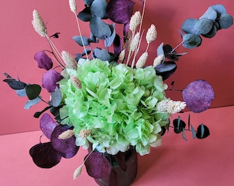 Funky Preserved Lime Green Hydrangea & Dried Eucalyptus in Bottle - Dried Flower Arrangement - Bright, Maximalist Home Decor