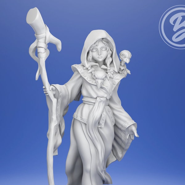 Female Necromancer with Familiar | Fantasy 32mm Scale Unpainted Miniature Figure | Dungeons & Dragons (DnD) - Pathfinder - Tabletop Gaming