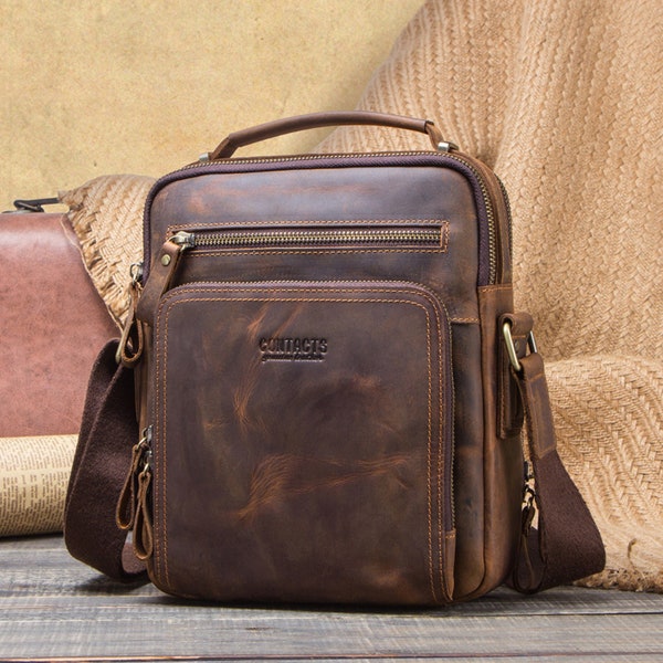 Vintage Genuine Cowhide Leather Men's Messenger Bag Multifunctional Briefcase Satchel Tablet Laptop College Bags Holdall