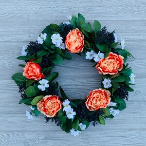 Spring Wreath for Front Door, Peony and Daisy Wreath, Summer Wreath for Front Door, 18&quot; Front Door Wreath