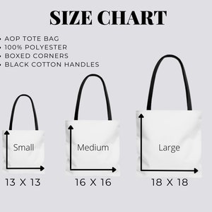 K&ouml;nnte beinhalten: Gr&ouml;&szlig;entabelle f&uuml;r Tragetaschen aus 100% Polyester mit abgerundeten Ecken und schwarzen Baumwollgriffen. Die Tabelle zeigt drei Gr&ouml;&szlig;en: klein (13 x 13 Zoll), mittel (16 x 16 Zoll) und gro&szlig; (18 x 18 Zoll).