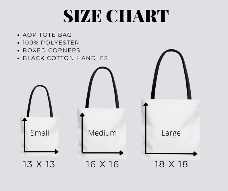 K&ouml;nnte beinhalten: Gr&ouml;&szlig;entabelle f&uuml;r Tragetaschen aus 100% Polyester mit abgerundeten Ecken und schwarzen Baumwollgriffen. Die Tabelle zeigt drei Gr&ouml;&szlig;en: klein (13 x 13 Zoll), mittel (16 x 16 Zoll) und gro&szlig; (18 x 18 Zoll).
