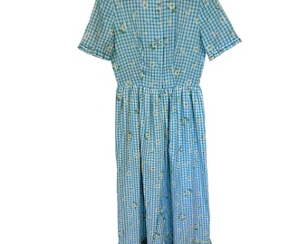 Vtg Womens Blue Gingham Floral Maxi Dress Ruffle Hem 1960s Sunflower Cottagecore