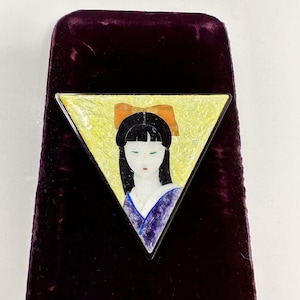 Vintage Lacquered Shell Hand Painted Geisha Hand Mirror