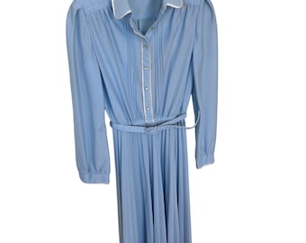 Vintage Womens Belted Midi Dress Butte Light Blue Pleated Long Sleeve 1970s