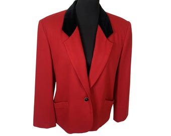 Vtg Womens Red Wool Blazer Black Velvet Collar 22W Single Button Koret 80s