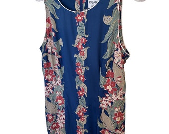 Vestido largo hawaiano vintage Iolani para mujer, estampado floral azul medio, rayón en tonos tierra