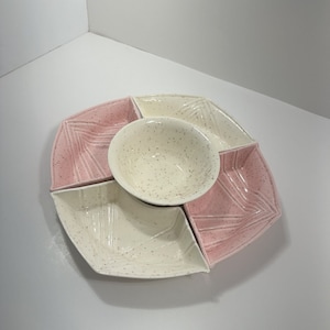 Vintage Speckled California Pottery Pink and Cream Divided Serving Dish and Bowl