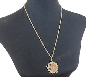 Vintage Jasper Pendant Necklace Ornate Gold Tone Chain 24 in Gothic