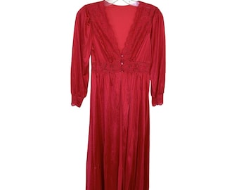 Bata vintage para mujer, larga, roja, de poliéster y encaje, lencería gótica mediana de hada de los años 80