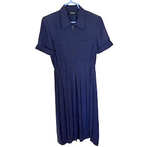 Liz Claiborne Womens Navy Maxi Dress 12 Large Rayon Pleated Zip Up Short Sleeve