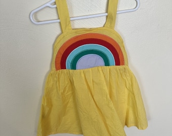 Vintage Girls Dress 12 months Yellow Cotton Rainbow Smocked Open Back Hippie