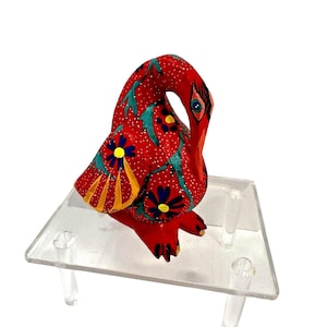 Handmade Rafael Mexico Oaxacan Red Wood Carving Folk Art Bird Figurine Signed