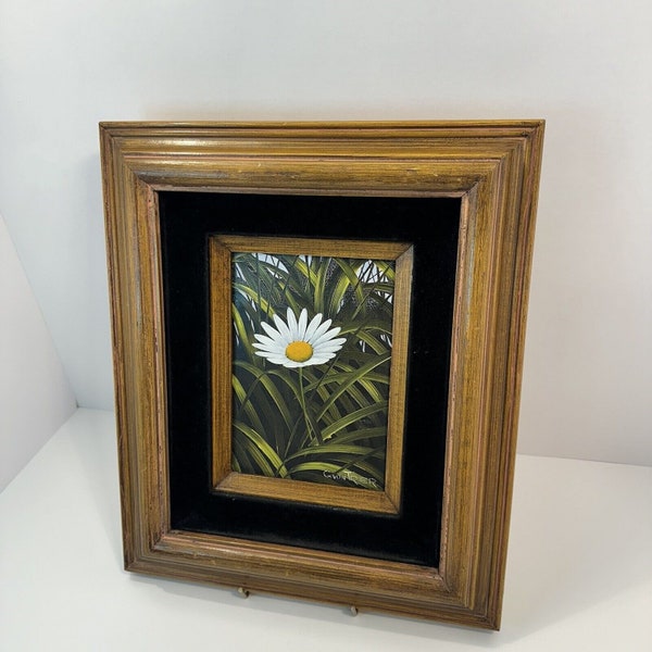 MCM Vintage Daisy Wall Art G Von Trier Signed Oil Painting Black Velvet 13" Wood