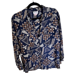 Vtg Silktime Womens Button Up Shirt Small Geometric Print 100% Silk 90s Blue