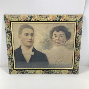 Antique Couple Portrait in a Floral 14 x 17 Inch Frame Vintage Decor