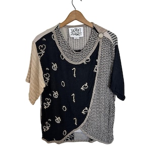 Vtg Womens Patchwork Blouse Asymmetrical Short Sleeve Top By Donna Jessica Black