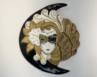 Venetian Moon & Sun Wall Mask Plaster Black Gold Masquerade Feminine Vintage