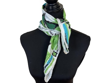 Lenço vintage feminino para pescoço e cabeça, estampa geométrica verde e azul, 53 cm (21 polegadas), fabricado no Japão em poliéster estilo retrô.