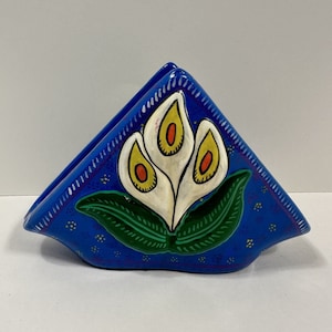 Vintage Blue Mexi Kitch Pottery Napkin Holder White Lilies