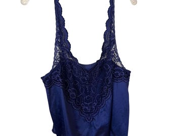 VTG dames cabernet cami marineblauwe tanktop met kanten rand, maat 40, grote jaren 80