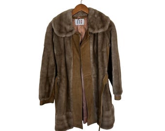 Vtg Womens Lilli Ann Brown Fur Coat Suede Trim Belt 60s Made in England Medium