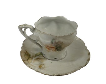 Juego de taza de té y platillo vintage de porcelana fina con rosas de melocotón, tamaño mediano, Alemania