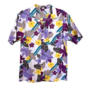 Vtg Mens Hawaiian Shirt Short Sleeve Large Cotton Unisex 1990s Purple Floral