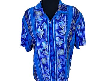 Vtg 1990s Womens Shirt Short Sleeve Button Up Top Blue Floral Large Hawaiian