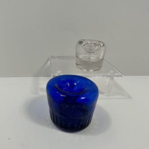 Lot Of 2 Vintage Hand Blown Glass Funnel Ink Well Cobalt blue And Clear