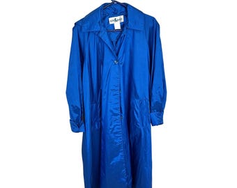 VTG Aqua Sheen Blue-regenjas dames lange trenchcoat met knopen, groot blauwgroen uit de jaren 70