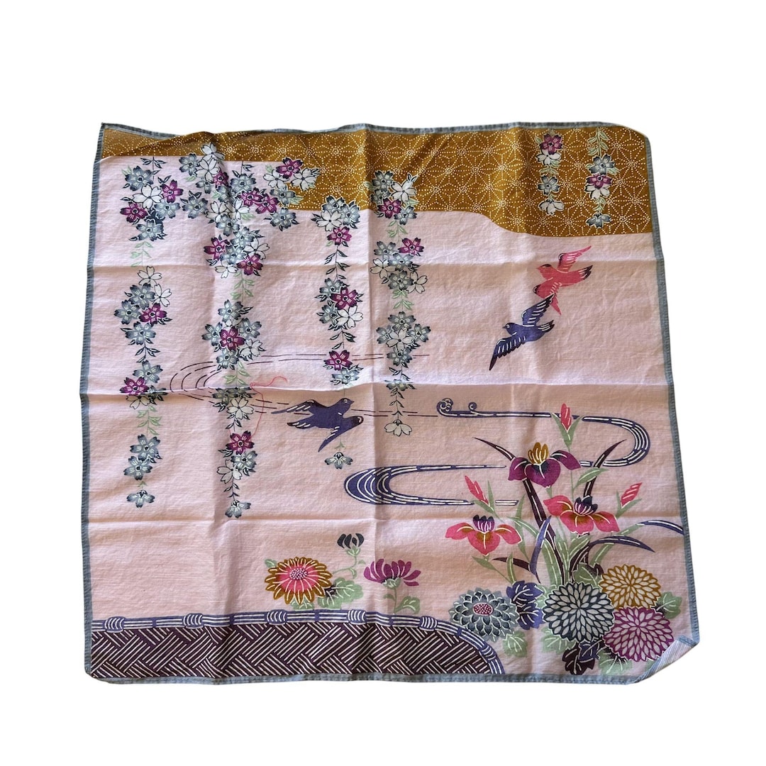 Vintage Japanese Silk Scarf Pink Floral & Bird Print Hankerchief Womens ...