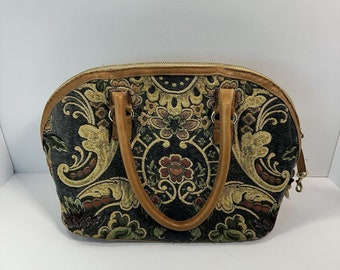 Vintage Womens Carpetbag Blue & Brown Paisley Handbag Top Handle