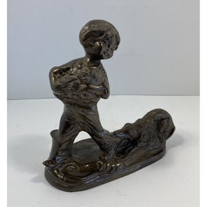 Vintage Bronze Statue- 7&quot;- Boy with dog Tugging