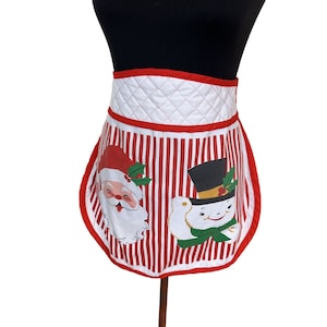 Vintage 1950s Christmas Apron Santa & Snowman Graphics Retro Kitchen Womens