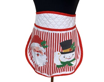 Vintage 1950s Christmas Apron Santa & Snowman Graphics Retro Kitchen Womens